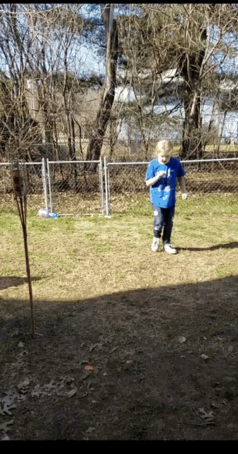 a young boy in a blue shirt is standing in a grassy yard