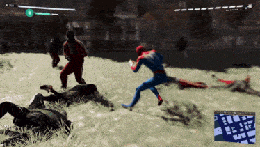 a video game screen shows a spider-man fighting a group of men