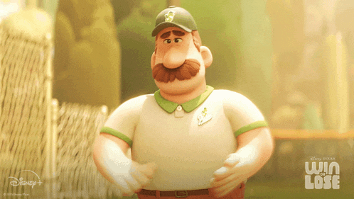 a man with a mustache is wearing a disney + win lose shirt