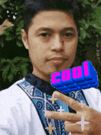 a pixelated image of a man with the word cool written on his hand