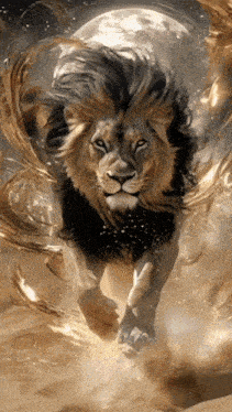a lion with a full moon in the background