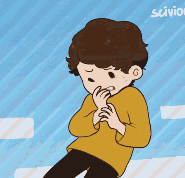 a cartoon of a boy covering his mouth with his hands and the word savio on the bottom