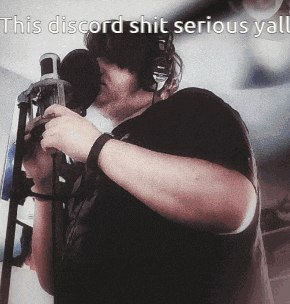 a man wearing headphones is singing into a microphone with the caption this discord shit serious yall