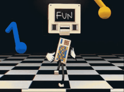 a cartoon character with the word fun on a screen