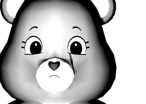 a black and white drawing of a care bear with a tear running down its face