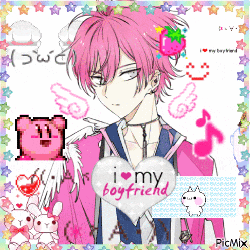 a boy with pink hair holds a heart that says i love my boyfriend