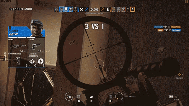 a video game screen shows a sniper aiming at a target with the words 2 vs 1 on the screen