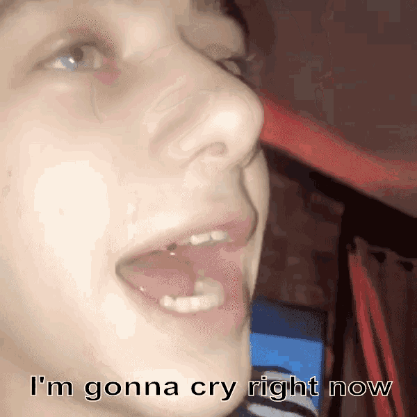 a close up of a person 's face with the words " i 'm gonna cry right now " below it