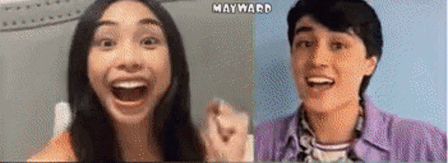 two women are laughing with their mouths open and mayhard is written on the bottom right