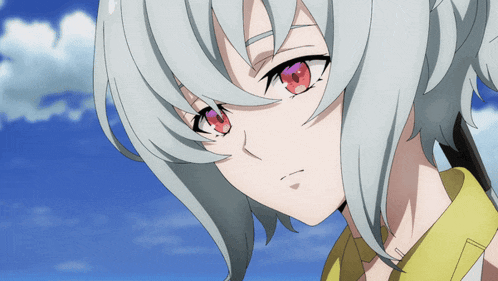 a girl with white hair and red eyes is looking at the camera