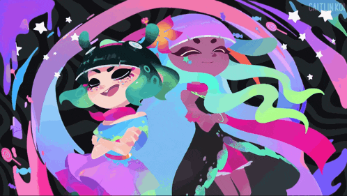 a colorful drawing of a girl and an octopus with the name caitlinko on the bottom