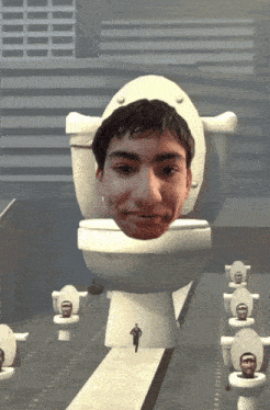 a man 's head is on top of a toilet surrounded by other toilets