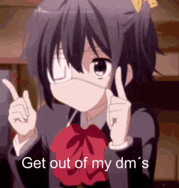 a girl with a bandage on her eye is pointing up with the words get out of my dm 's