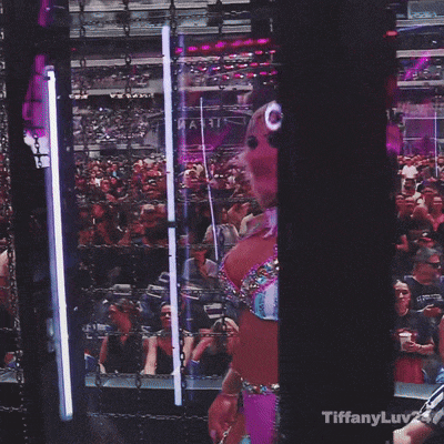 a woman in a bikini is standing in front of a crowd and the words tiffanyluv24 are on the bottom