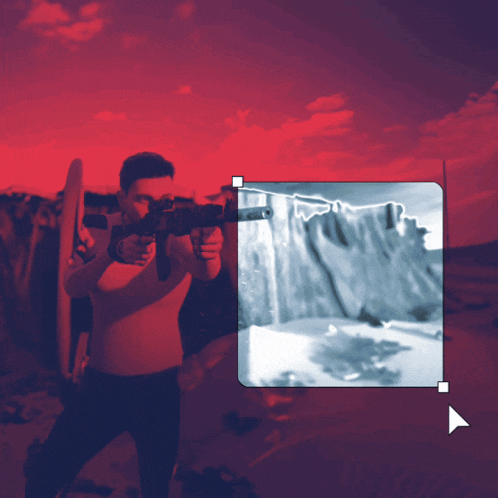 a man is holding a gun in front of a red background