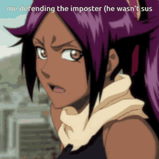 a cartoon girl with purple hair is defending the imposter who wasn 't sus