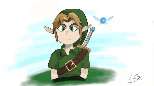 a drawing of a link holding a sword with the letter g on the sleeve