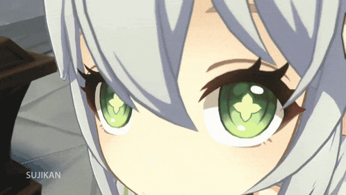 a close up of a girl 's eyes with the word sujikan written below it