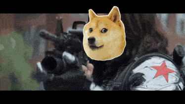 a picture of a person with a doge on their face holding a gun