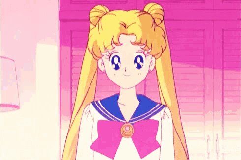 a girl with long blonde hair is wearing a sailor suit and a pink bow tie .