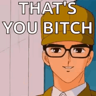 a man wearing glasses and a baseball cap is smiling and says `` that 's you bitch '' .