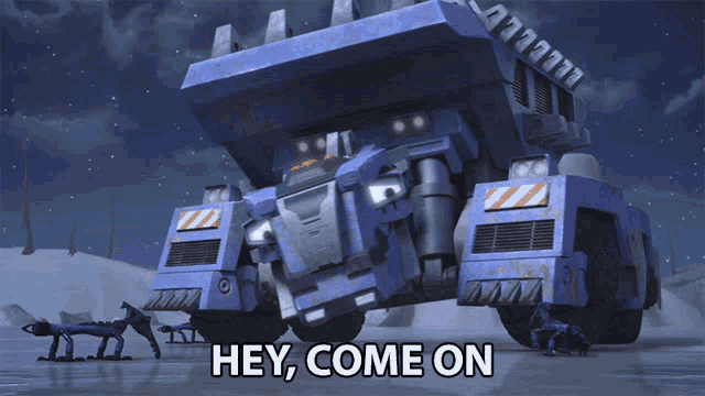 a cartoon truck says hey come on in the background