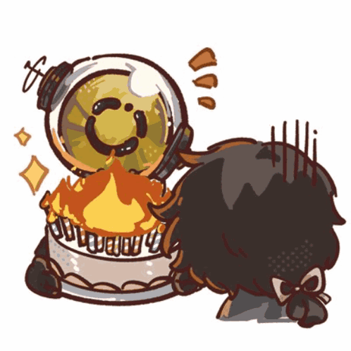 a cartoon drawing of a person looking at a cake with a face on it