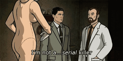 a naked woman is standing next to two men and says i 'm not a serial killer