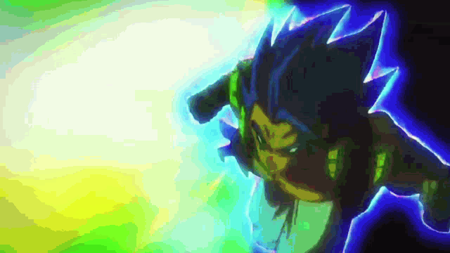 a cartoon character is flying through the air with a light coming out of his hand