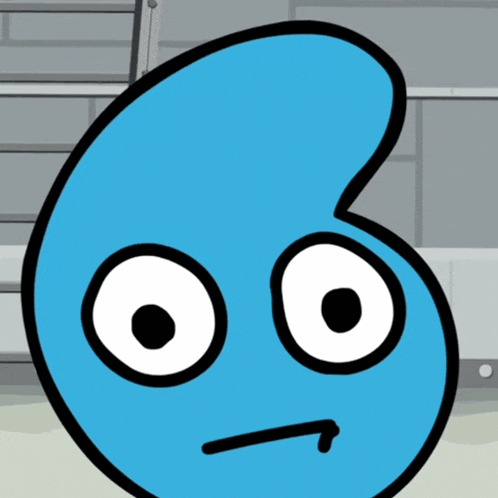 a blue cartoon character with big eyes and a slight smirk