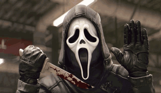 a person wearing a scream mask holds a bloody knife