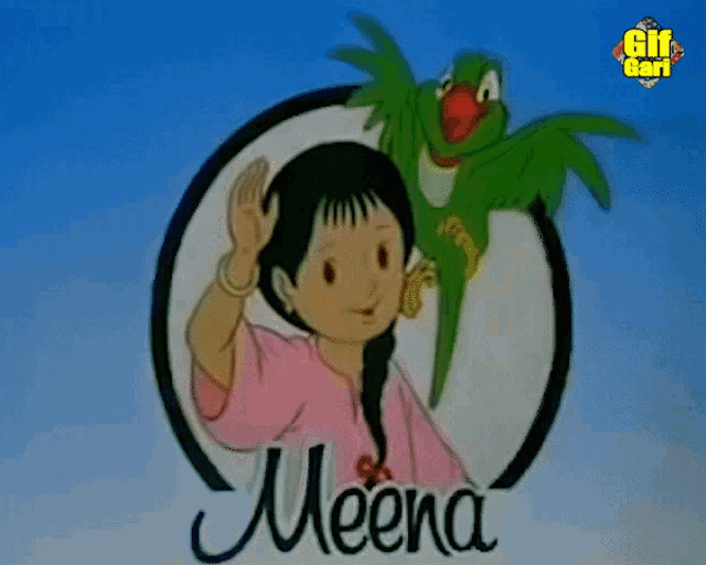 a cartoon of a girl named meena with a green parrot behind her
