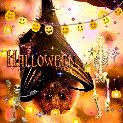 a bat is hanging upside down with halloween written on the bottom