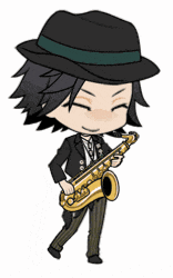 a cartoon drawing of a man holding a saxophone