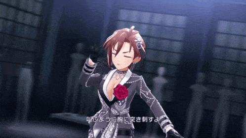 a girl in a suit with a red rose in her breast