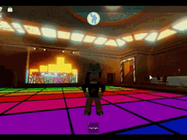 a cartoon character is standing on a colorful dance floor in a video game