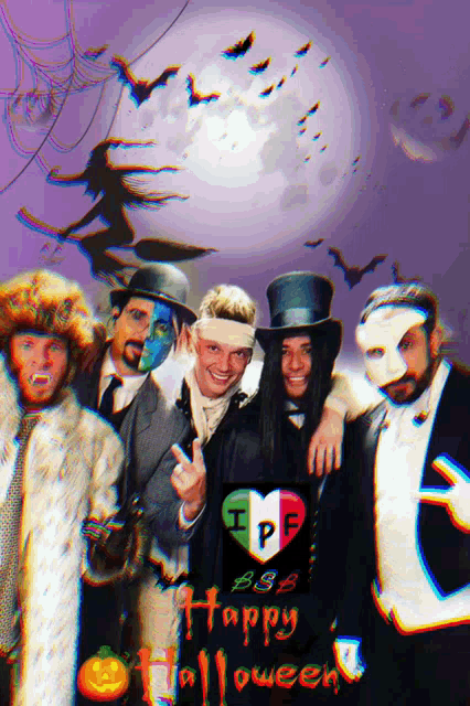 a group of men dressed in halloween costumes with the words happy halloween