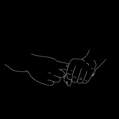 a black and white drawing of two hands holding each other and pointing at each other .
