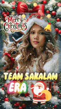 a merry christmas greeting with a picture of a woman and santa