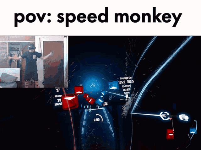 a picture of a person playing a video game with the words pov speed monkey below it
