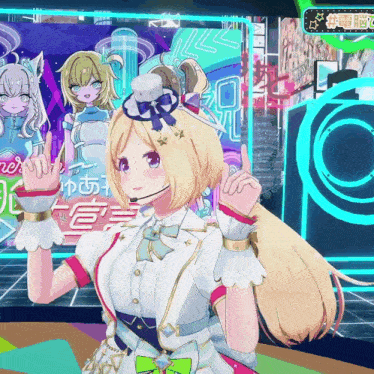 a girl with a microphone on her head stands in front of a sign that says ' nc ' on it