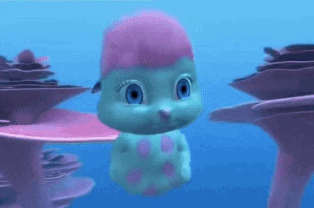 a cartoon character is swimming in the ocean surrounded by pink corals