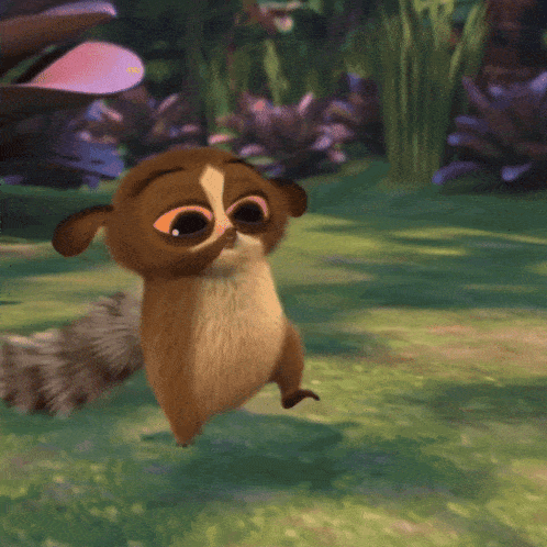 a cartoon character is standing in the grass and looking at something
