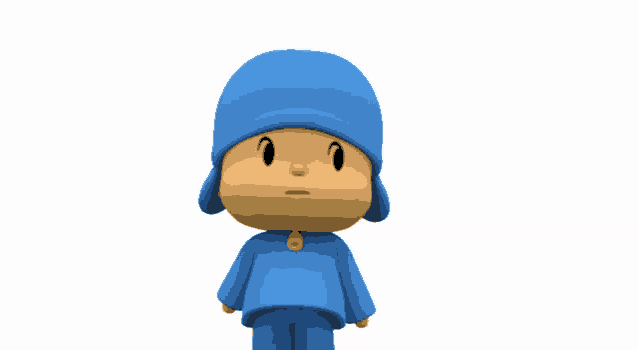 a cartoon character wearing a blue hat and blue shirt