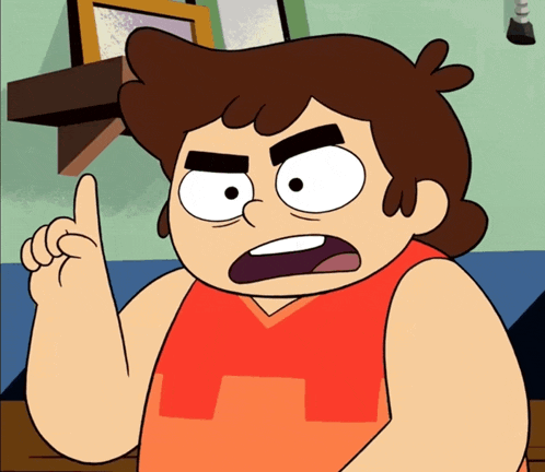 a cartoon character is making a funny face and pointing upwards