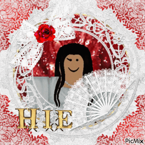 a picture of a woman with a fan and the word hie in gold letters