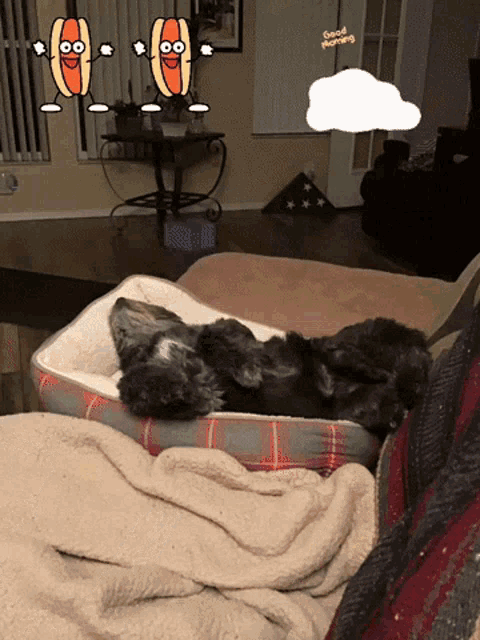 a dog laying on a couch with a cartoon hot dog and a cloud that says good morning