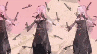 a girl in a black dress is surrounded by pink objects