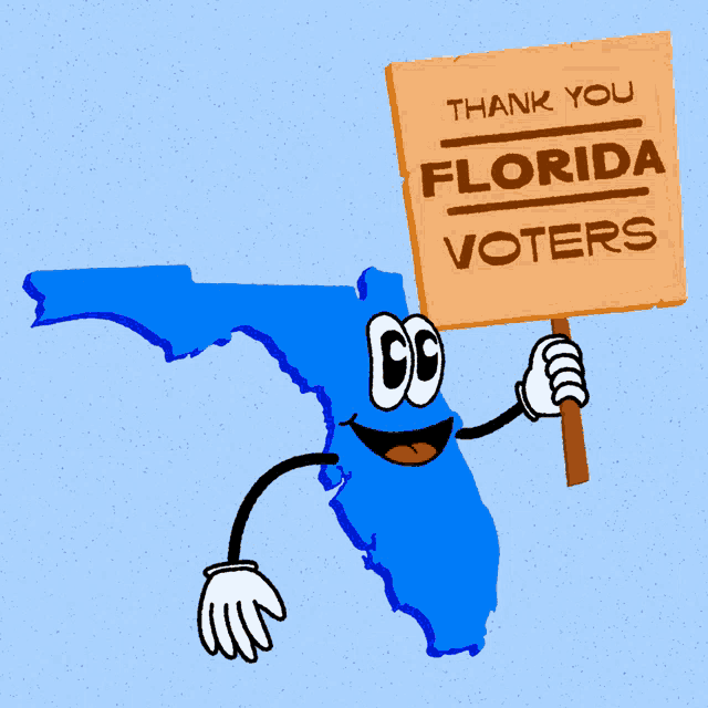a cartoon map of florida holding a thank you florida voters sign