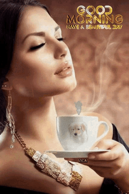 a woman is holding a cup of coffee and the words good morning have a beautiful day are above her